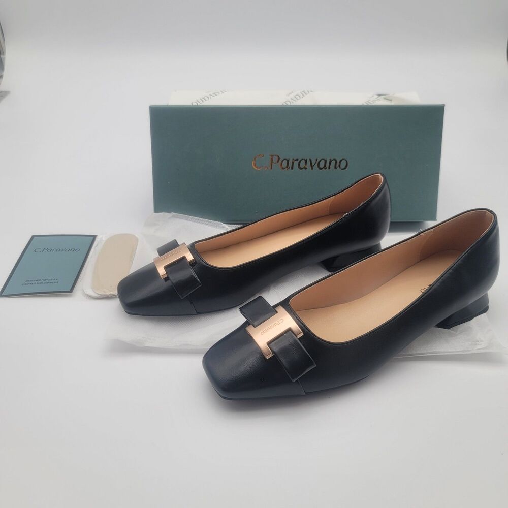 C.Paravano Flats Women Shoes US 7.5 EUR 38 Black Square Toe Metal Buckles Ballet